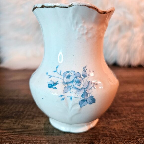 Antique Anchor Pottery Small White Porcelain Vase with Blue Roses, 4.75” - Picture 2 of 6